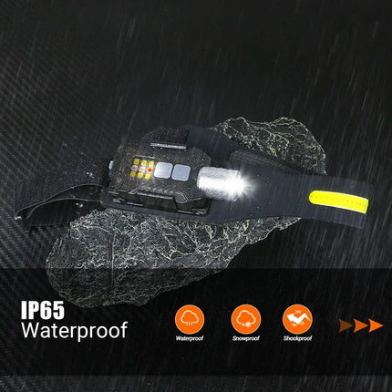 Portable XPE+COB LED Handheld Flashlight Sensor Headlamp Rechargeable Headlight Camping Search Light for Fishing 9Lighting Modes