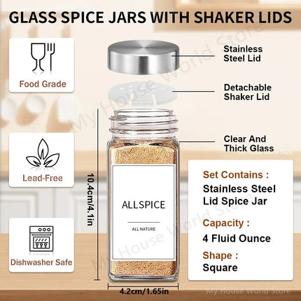 Glass Spice Jars with Stainless steel Spice Seasoning Containers Salt Pepper Shakers Spice Organizer Biodegradable Spice Jar Set