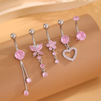 3-5pcs Mixed-Style Sets Heart Flower Dangle Belly Button Rings Stainless Steel Butterfly Curved Zircon Belly Piercing Navel Ring