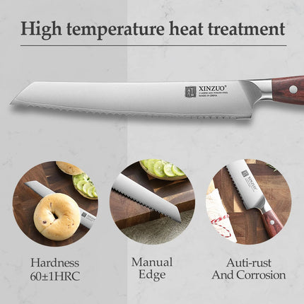 XINZUO 8.2 Inches Bread Knife High Hardness Steel 3 Layers Composite Steel Hardness 60±1HRC Wooden Handle Cut Bread Cake