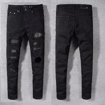 Jeans for Man Original 2025 High Street New Black Ripped Patch Jeans Men's Brand Elastic Slim-fit Small Feet Pants Skinny Jeans