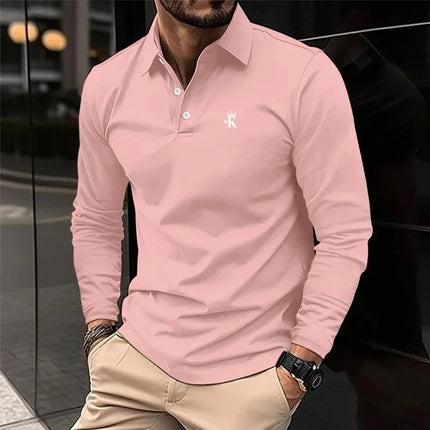 Men's polo shirt, casual sports, lapel, long-sleeved T-shirt, basic fashion, color blocks, patches, buttons, suitable for spring
