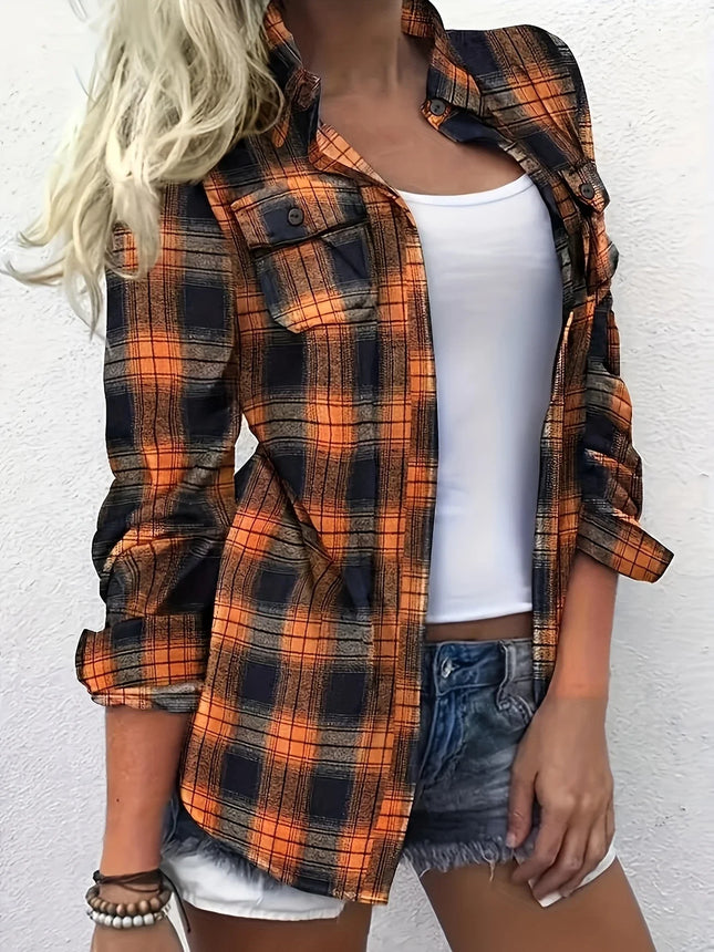 Plus Size 1XL-5XL Women Soft Polyester Fabric Plaid Shirt Casual Fall/Winter Style Machine Washable Button-Up Design Shirt