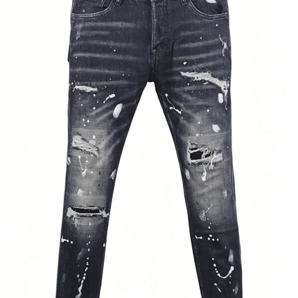 6058 Four Seasons New Men's Wash Grinding Hole Patch Paint Splash Ink Micro-bullet Leg Grey Jeans for Men