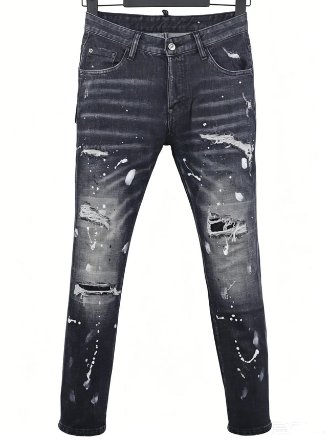 6058 Four Seasons New Men's Wash Grinding Hole Patch Paint Splash Ink Micro-bullet Leg Grey Jeans for Men