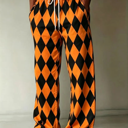 Men's classic plaid/diamond print casual pants, loose and breathable drawstring style, suitable for outdoor sports