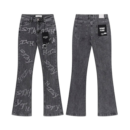 2026 KDNK stretch Jeans Men's High quality Rhinestone Slim Fit Skinny Grey straight Denim Jeans Pants
