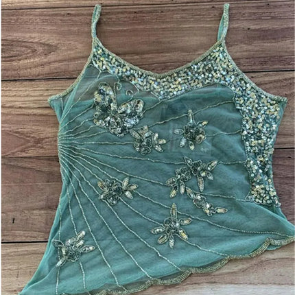 hirigin Sexy Sequin Slim Fit Irregular Strap Tank Crop Tops Versatile Sexy Hot Girl Summer Mesh See Through Sleeveless Tee Shirt