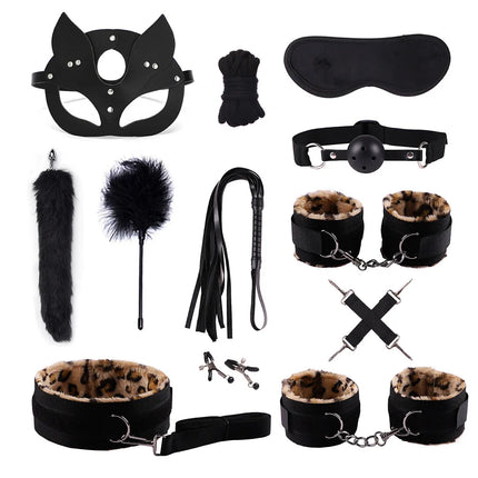 Adult Erotic Nylon Bondage BDSM Kit with Handcuffs Sex Whip Mouth Gag Soft Fox Tail Anal Plug for Women Sexy Games