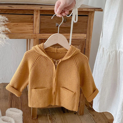New Spring Autumn Toddler Girl Boy Sweater Coat Knit Hooded Cardigan Long Sleeve Top with Pockets Warm Casual Outerwear A5336