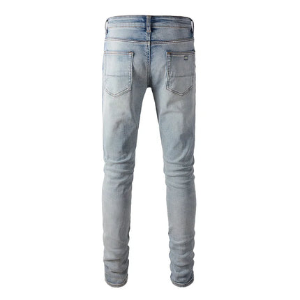 Men Classic Light Blue Stretch Denim Jeans Streetwear Vintage Ripped Cotton Pants Skinny Tapered Trousers