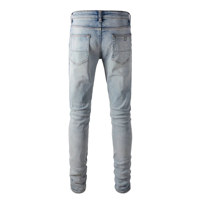 Men Classic Light Blue Stretch Denim Jeans Streetwear Vintage Ripped Cotton Pants Skinny Tapered Trousers