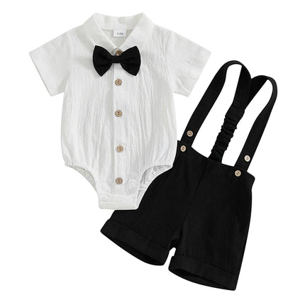 Toddler Baby Boy Gentleman Outfit Solid Color Short Sleeve Lapel Neck Romper with Suspender Shorts and Bowtie 3 Pcs Set
