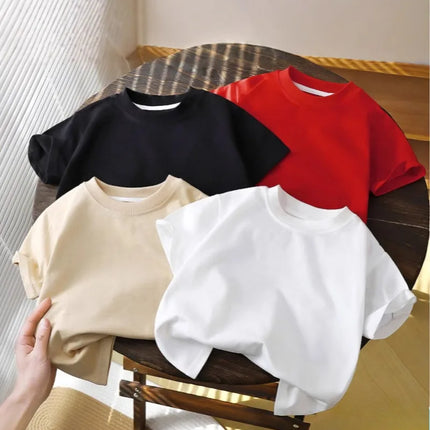 2-10Y Children's Pure Cotton Short Sleeved Pullover T-shirt Baby Boys Girls Summer Clothes New Students Solid Color Tops