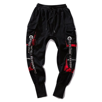 Men's Cargo Pants Casual Hip Hop Hit Color Multiple Pockets Trousers Streetwear Black Punk Ribbons Techwear Sweatpants Boys