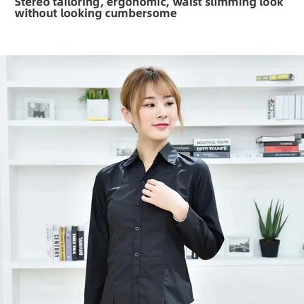 Black Long Sleeve Women's Shirt Professional Formal V-neck Workwear Slim Fit Cotton Work Uniform Button-up Casual Shirt