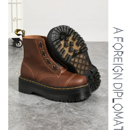 Women Boots Genuine Leather Platform Boots Motorcycle Shoes Front Zipper Optical Soles Fashion Sexy Punk Luxury Men Winter Boots