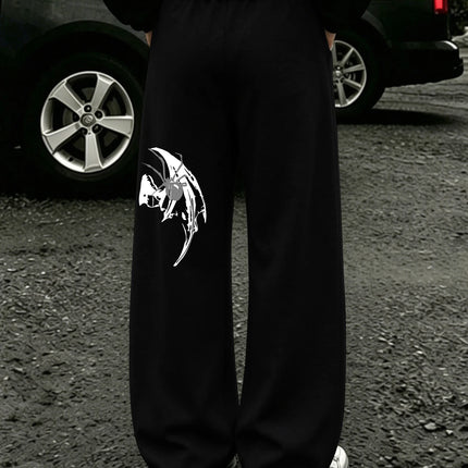 Mens Dark Gothic Spider Bat Wing Print Baggy Wide Leg Sweat Pants Loose Straight Drawstring Hip Hop Street Joggers