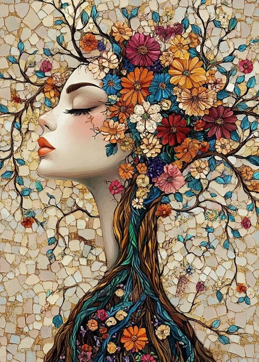 Gustav Klimt Style Mosaic Tree of Life Flower Goddess Canvas Painting Abstract Floral Goddess Art Poster Living Room Home Decor