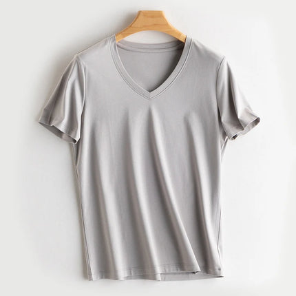 SuyaDream Women Solid T shirts, Silk Cotton Blend, O Neck, Short Sleeved Solid Tee,2025 Summer Candy Colors Basic Cozy Top Green