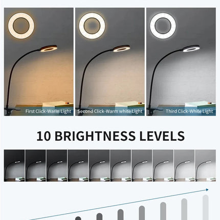Clip on Light LED Reading Book Study Lamp 3 Color Modes 10 Brightness Eye Protection 360° Flexible Gooseneck Student Desk Lamp