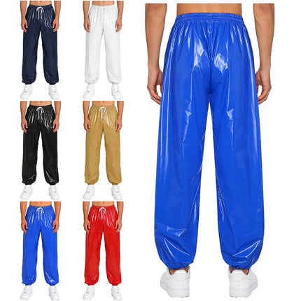 Mens Shiny Waterproof Jogging Pants Y2K Drawstring Waistband Side Pockets Trousers Track Baggy Glossy Pants Hip Hop Trousers