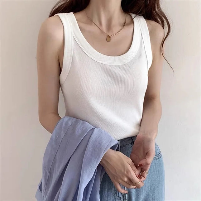 Summer 2026 Slim Fit Elastic Ribbed Cotton Knitted Vest Women's Base Layer Tank Top Anti-Light Inner Wear Straight Cut Regula...