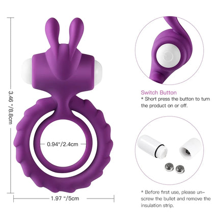Penis Ring Dual Vibrating Delay Ejaculation Erection Enhancer Vibrator with Rabbit Ear Durable Cock Rings Sex Toy Men Couples
