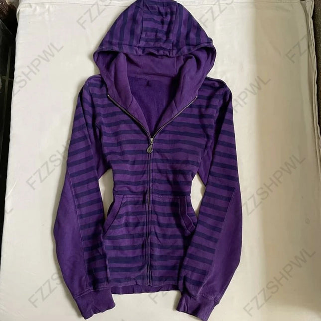 Women Zip Hoodie Slim Waist Kangaroo Pocket Soft Fleece Purple Navy Stripe Casual Loungewear Outerwear