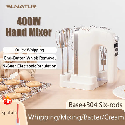 SUNATUR 400W DC Hand Mixer Electric Speed Control 304 Stainless Steel 6 Rods Set with Storage Base