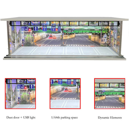 1/64 Scale Car Garage Diorama with USB LED Light Realistic Parking Lot Display Case for Model Cars & Miniature Vehicles