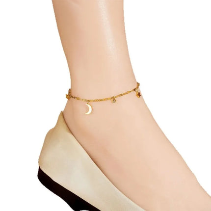 Hot Sell Exquisite Gold Color Stainless Steel Small Round Zircon Star Moon Pendant Anklets for Woman Korean Summer Beach Jewelry