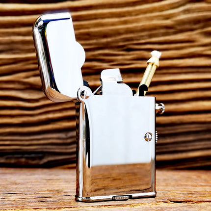 Vintage Fuel Oil Lighter Brass Chrome Plating Golden Cigarette Pipe Collection Briquet Mechanical Lifting Isqueiro