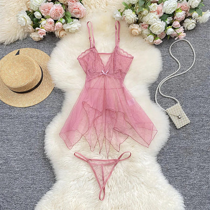 Lingeries Sexy Hot Set V-neck Bra Thong Nightgown With Panties Transparent Ultra-thin Summer Underwear Pajamas Woman Sleep Dress