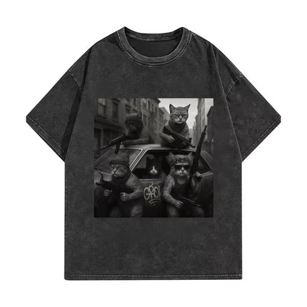 Funny Cat Gang Meme Graphic T Shirts Men's Women's Fashion Vintage Washed T-shirt Summer High Quality Cotton T-shirts