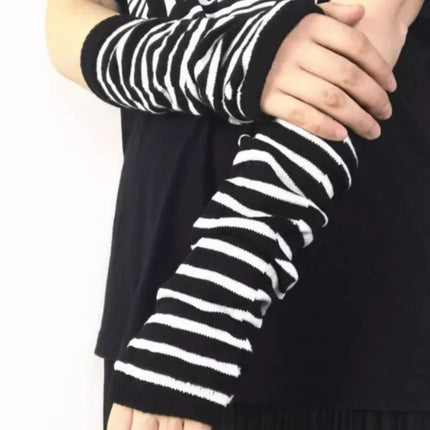Punk Long Arm Gloves Adjustable Elastic Interval Stripe Fingerless Glove Protective Mittens Winter Nylon Arm Cover Cool Sleeves
