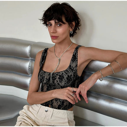 Women's Lace Corset Top Sexy Square Neck Sleeveless Slim Fit Mini Vest 2026 Spring Summer Female Casual Daily Party Fashion Tops
