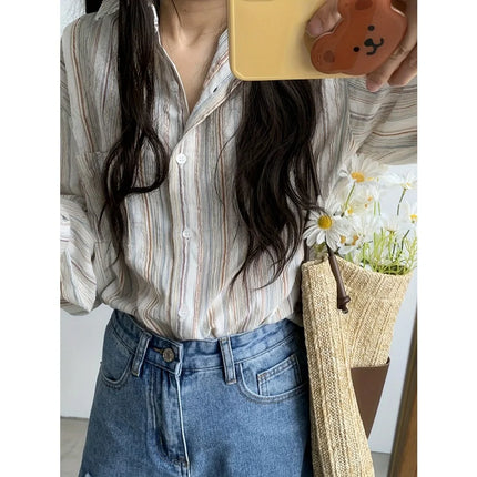 Women's laid-back retro pinstriped shirt, loose long-sleeved short-sleeved cardigan, sun-protective coat