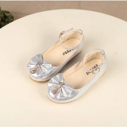 Spring Autumn Kids Leather Shoe Elegant Bowtie Girl Princess Shoes Fashion Casual Wedding Children's Flats Ankle-strap Versatile