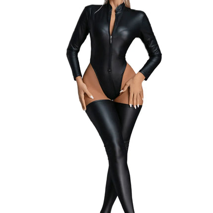 Sexy Hot Lady Wetlook Faux Leather Catsuit With Stocking PVC Latex Bodysuit Open Crotch Clubwear Fetish Erotic Lingerie Set