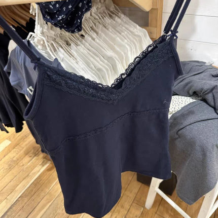 Navy Bow Lace Trim Slim Tank Top Women Sexy V Neck Cotton Sleeveless Cropped Vest Casual Vintage Sweet Summer Crop Top Y2k Camis