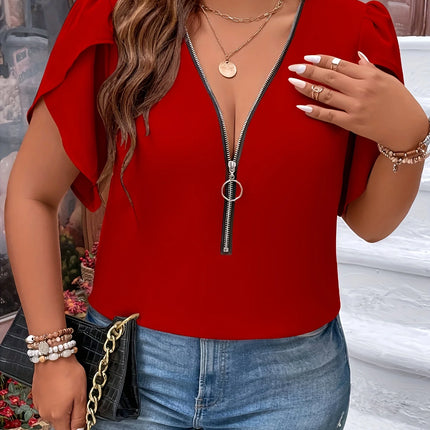 Plus Size Summer Women Elegant Zipper Chiffon Blouses Shirt Casual Office Lady Sollid Tops V Neck Female Clothing