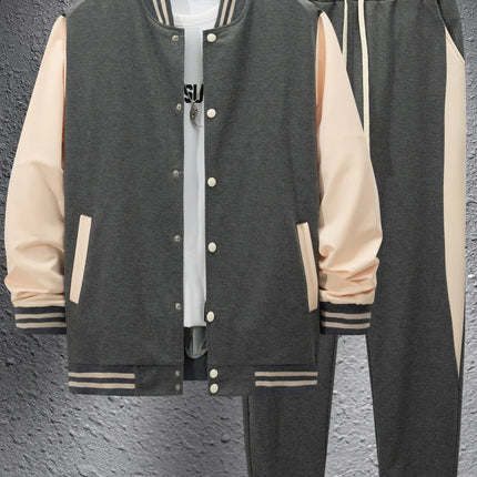 Men's new autumn and winter baseball jacket casual and versatile cardigan coat and color-block sport pants set