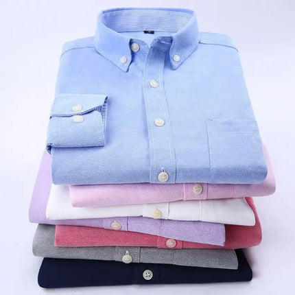 New Men's Oxford Spinning Short Sleeve Solid Color Tooling Business Casual White Shirt Slim Fit Trend Long Sleeve Casual Shirts