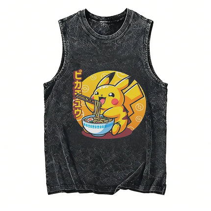Vintage Washed Pokemon Gengar T Shirt Men Vest 2026 Summer Sleeveless Shirt Ramen Print Streetwear Loose Casual Men's Tank Top