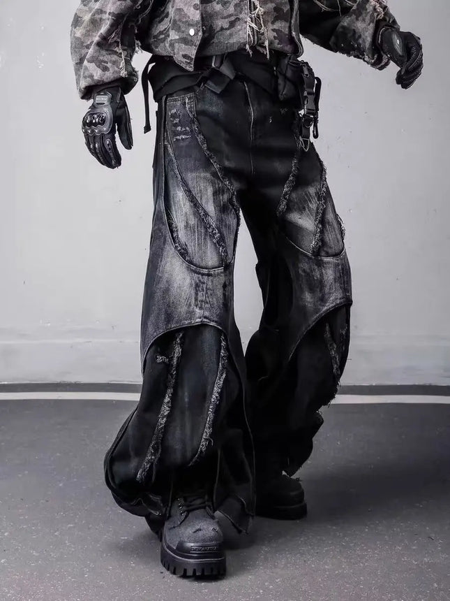 Men's Y2k Baggy Flare Jeans Harajuku Japanese 2000s Style Patchwork Denim Trouser Vintage Oversize Cargo Jeans Pants Clothes