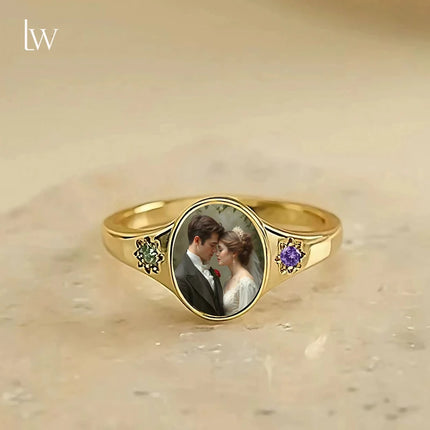 Custom Picture Rings Oval Photo Ring With 2 Birthstones Personalized Photo Memorial Anniversary Keepsake Rings for Women Mom