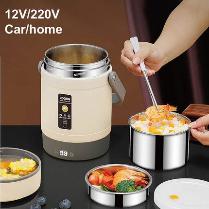 48W Office Electric Lunch Box 12V Car Rice Cooker 304 Stainless Steel Linner Keep Warm Lunch Box Outdoor Food Heaters1.6L/ 2L