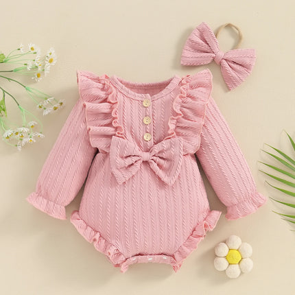 Pudcoco Infant Newborn Baby Girls Autumn Ruffle Romper Long Sleeve Crew Neck Button Up Romper with Headband 0-12M