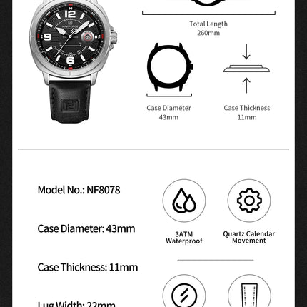 NAVIFORCE Brand Men Quartz Watch High Quality PU Band Calendar Male Wristwatch Auto Date Display Waterproof Clocks Reloj Hombre